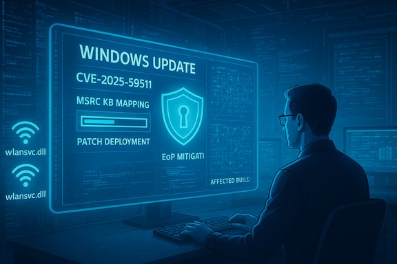 A researcher monitors a blue holographic Windows Update screen showing CVE-2025-59511 patch deployment.
