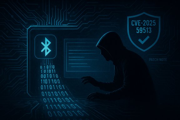 Hooded hacker typing on a glowing keyboard amid circuits and a CVE patch note.