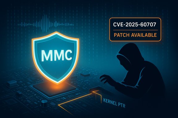 A hooded hacker targets a glowing MMC shield on a circuit board; CVE-2025-60707 patch available.