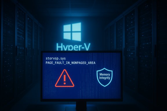 Data center servers with a monitor showing a page fault error and Memory Integrity shield, Hyper-V glow.