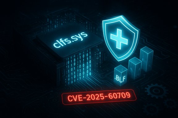 Neon blue shield with a cross hovering over a circuit board, signaling CVE-2025-60709.