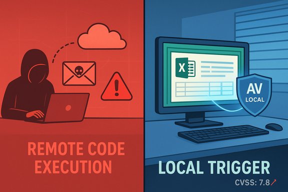 Split-panel: red side depicts remote code execution, blue side shows local trigger with AV defense.