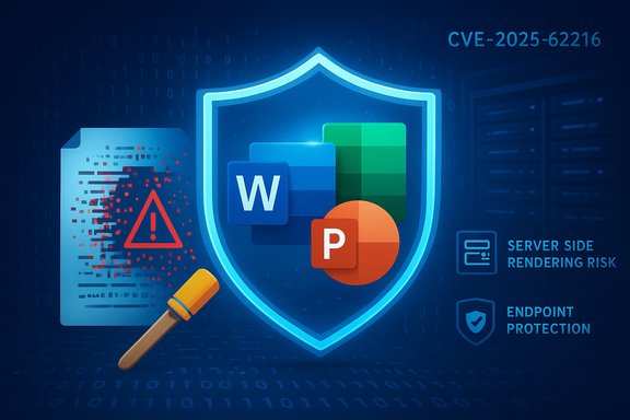 Cybersecurity scene with Word and PowerPoint icons inside a shield, guarding against server risk.