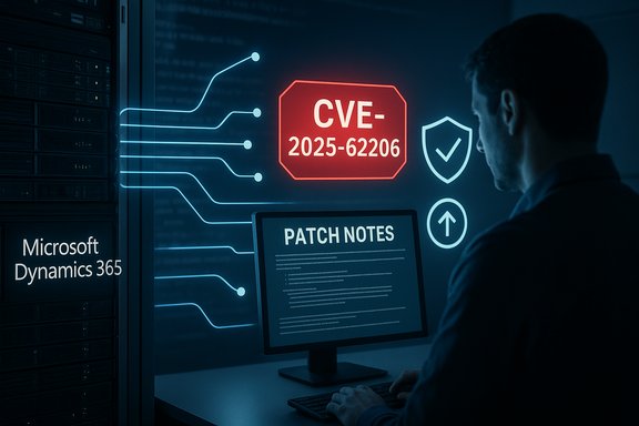 IT professional reviews CVE-2025-62206 patch notes in a Dynamics 365 server environment.