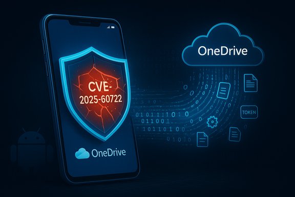 Smartphone screen shows a cracked shield with CVE-2025-60722 for OneDrive cloud security.