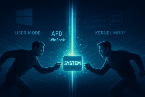 Two men push a glowing SYSTEM cube between User Mode and Kernel Mode.