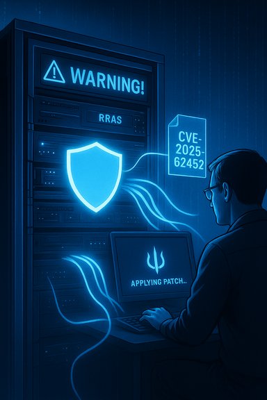 Security analyst patches a server as a glowing shield guards against CVE-2025-62452.