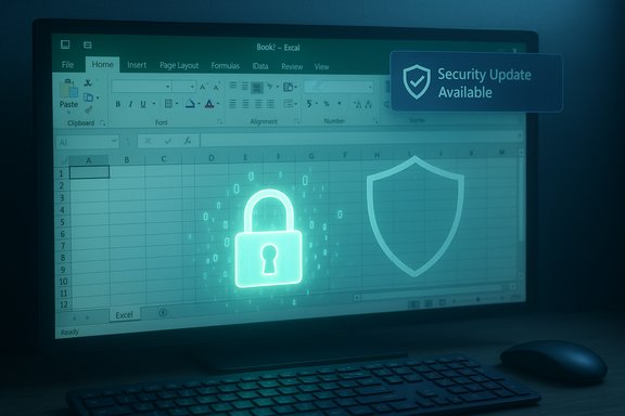 Computer screen shows Excel with glowing padlock and shield icons and a Security Update banner.