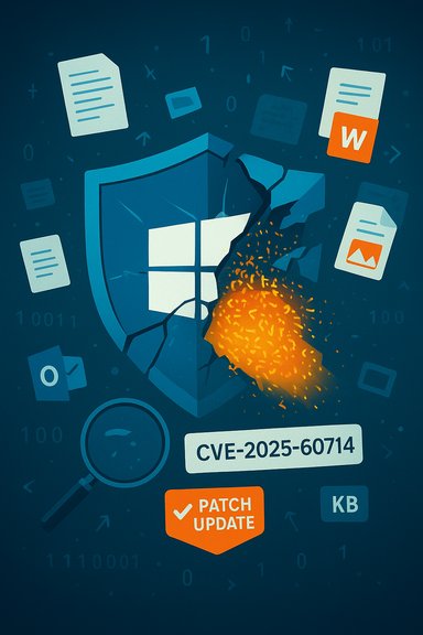 A cracked Windows shield bursts with orange energy as a patch update for CVE-2025-60714.