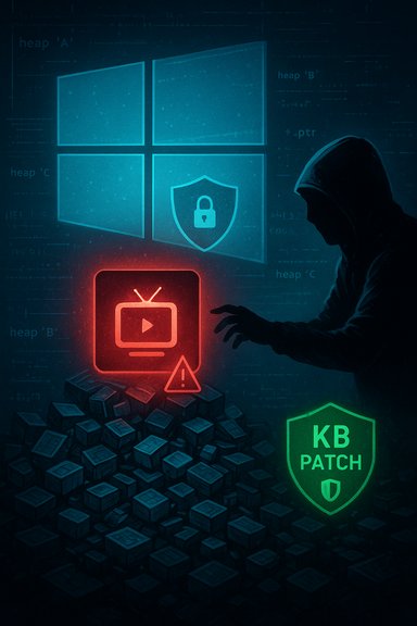 Hooded hacker breaches Windows, with a red alert icon and a green KB Patch shield amid stacked boxes.