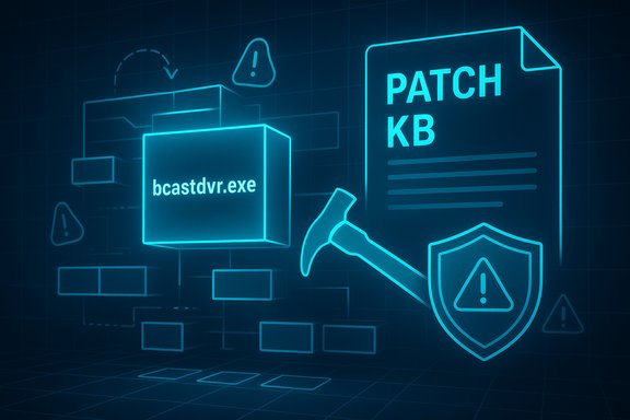 Blue neon diagram showing a patch document and bcastdvr.exe with security warnings.