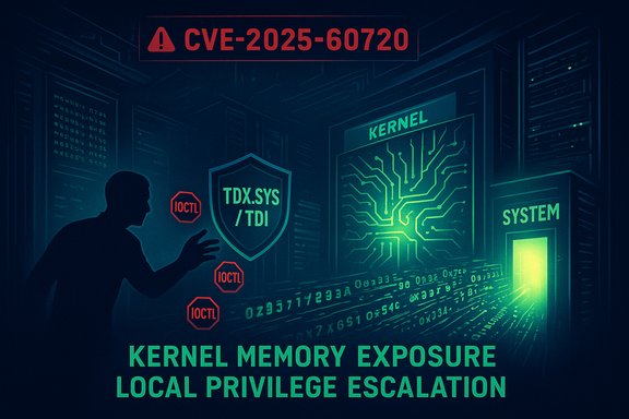 Hacker silhouette confronts a kernel memory exposure shield marked CVE-2025-60720.