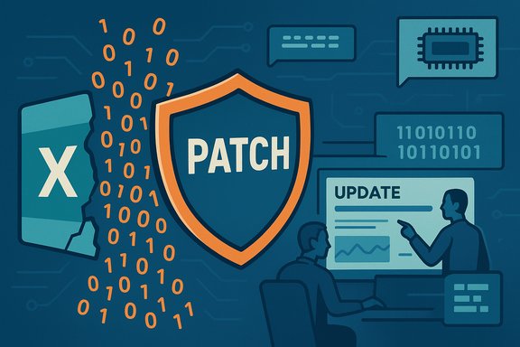 Cybersecurity patch illustration with a PATCH shield, binary code, and an update screen.