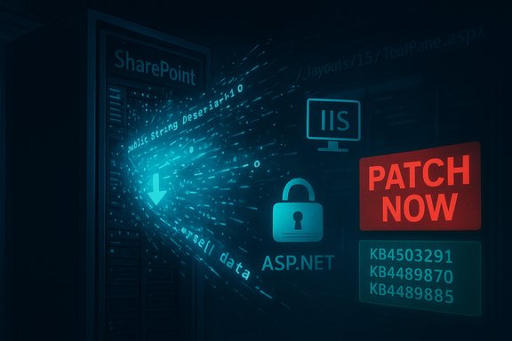 Blue-toned data center wall showing SharePoint, ASP.NET, IIS icons and a bold red PATCH NOW alert.
