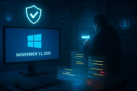 Blue-lit server room scene with a Windows desktop displaying November 11, 2025.