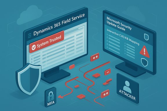 Illustration of cybersecurity defenses vs. attacker, with Dynamics 365 and security guides on dual screens.
