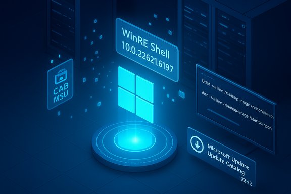Futuristic blue data center UI showcasing Windows tools like WinRE Shell and Update Catalog.