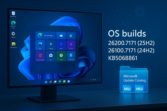 Blue Windows desktop mockup showing OS build details and Microsoft Update Catalog.