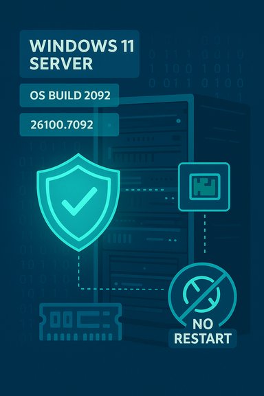 Windows 11 Server OS Build 2092 with a server rack, shield icon, and no-restart badge.