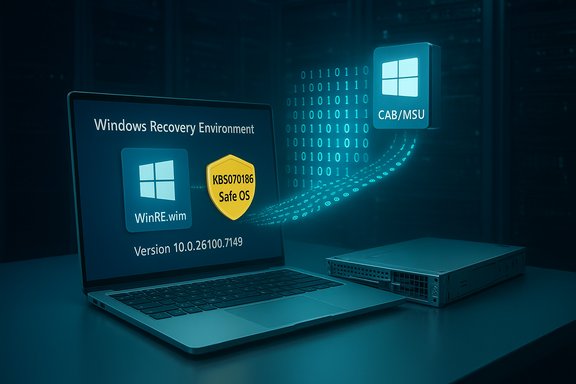 Laptop displays Windows Recovery Environment (WinRE) with a Safe OS shield beside a server.