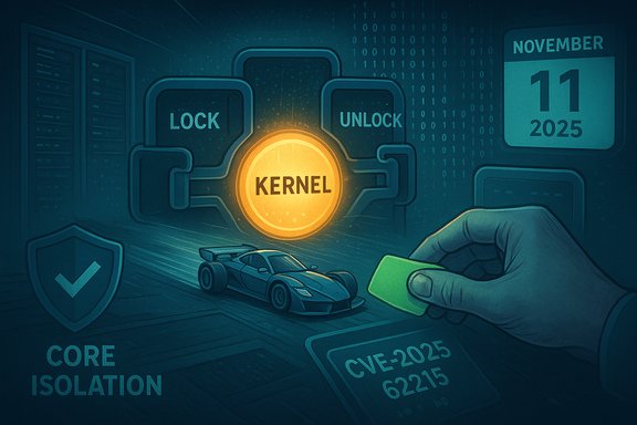 A glowing kernel lock at the center, symbolizing core isolation and a CVE-2025-62215 security flaw.