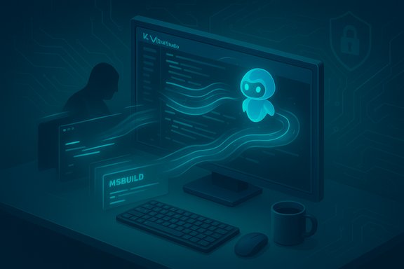 A glowing AI robot emerges from flowing code on a computer monitor.