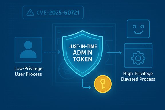 Diagram of Just-In-Time Admin Token enabling escalation from a low-privilege user to a high-privilege process.