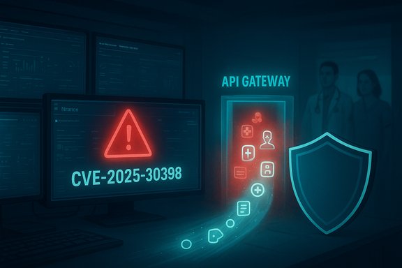 A dark security ops desk displays a red CVE warning (CVE-2025-30398) alongside an API gateway shield.