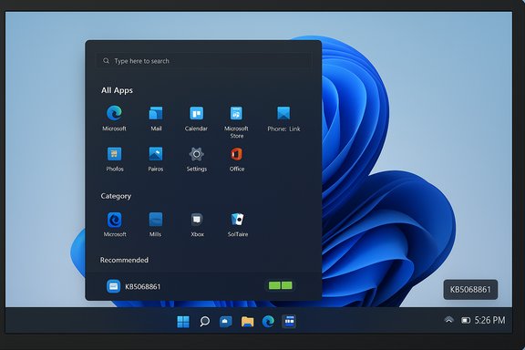 Windows 11 desktop with a dark floating Start menu over a blue abstract wallpaper.