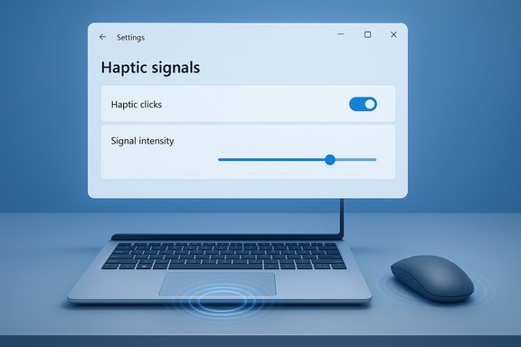 Laptop displays haptic signals settings with a click toggle and an intensity slider, mouse nearby.
