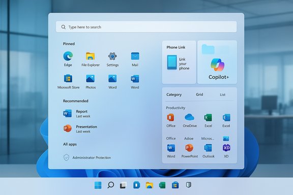 Floating Windows-style app launcher with pinned and recommended apps, plus a Copilot+ panel.