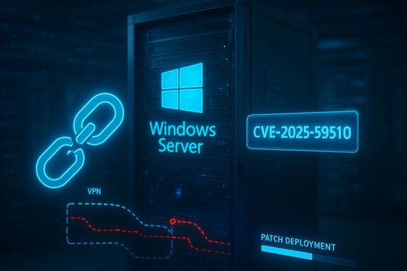 Neon blue Windows Server rack with a CVE-2025-59510 tag and patch deployment HUD.