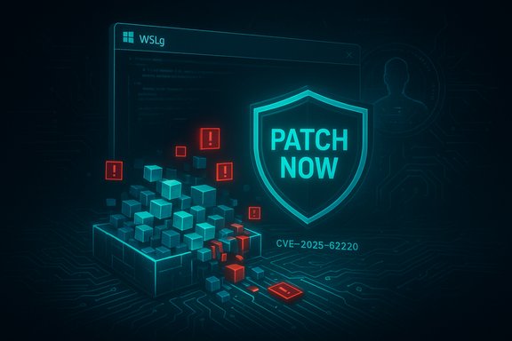 A neon cyber-security scene with a PATCH NOW shield, red warning blocks, and CVE-2025-62220.
