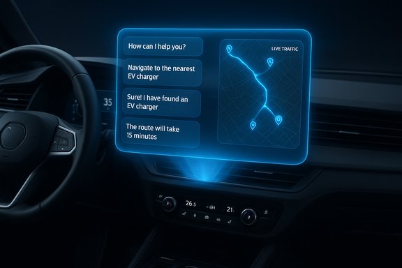 Futuristic car interior with a glowing holographic dashboard displaying navigation and a live map.