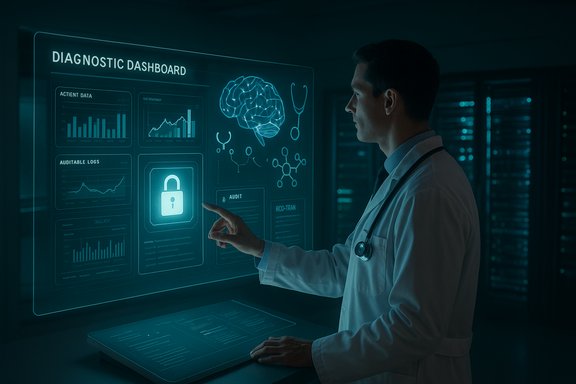 Medical professional interacts with a holographic diagnostic dashboard displaying charts, brain visuals, and a lock icon.