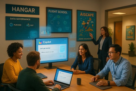 A diverse team collaborates around a conference table, reviewing a Copilot interface on a large screen.