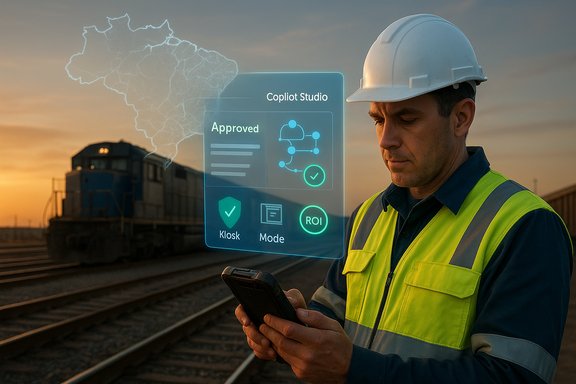 Railway worker in safety gear checks a holographic control panel projected from a phone at sunset.