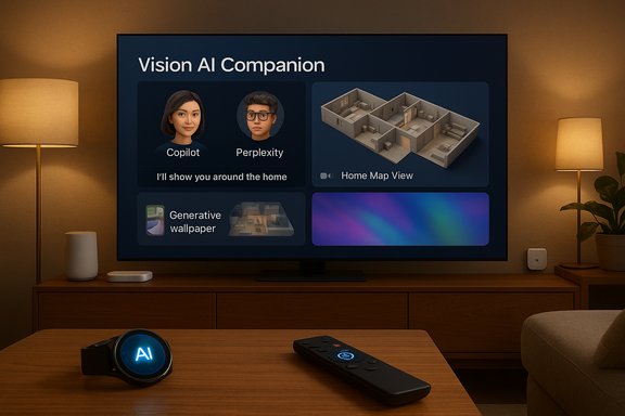 Cozy living room with a large TV displaying Vision AI Companion options and a remote on the coffee table.