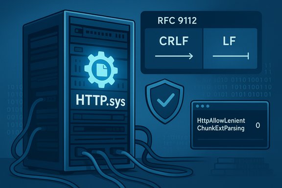 Blue-toned server rack running HTTP.sys with RFC 9112 indicators and a shield icon.