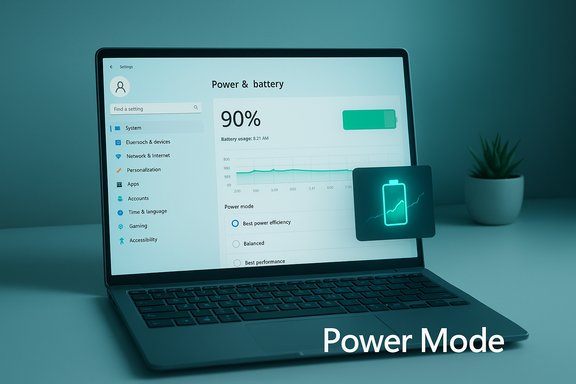 Laptop displays Power & battery settings at 90% with a floating battery card.