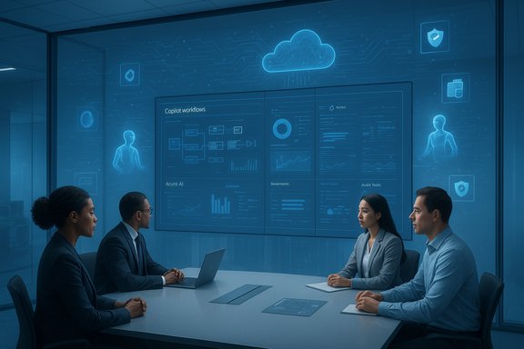 A team analyzes cloud analytics on large screens in a modern conference room.