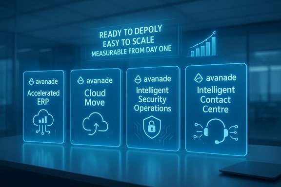 Blue neon panels show Avanade services: Accelerated ERP, Cloud Move, Security Ops, and Contact Centre.