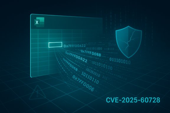 Cybersecurity illustration of a software vulnerability CVE-2025-60728 with flowing code and a shield.