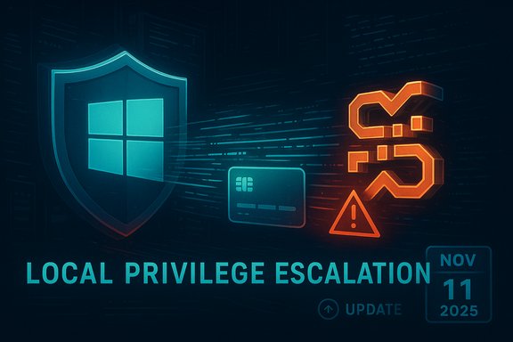 Cybersecurity illustration highlighting local privilege escalation with Windows shield and warning icons.