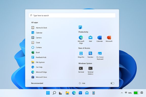 Windows 11-style Start menu showing app icons on a soft blue desktop background.