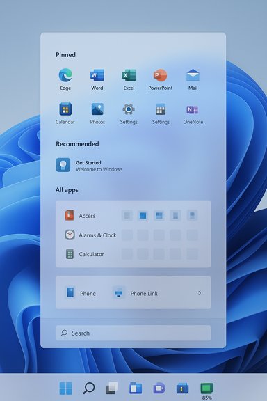 Windows 11 Start menu featuring pinned apps, a Recommended section, and an All apps grid on a blue wallpaper.