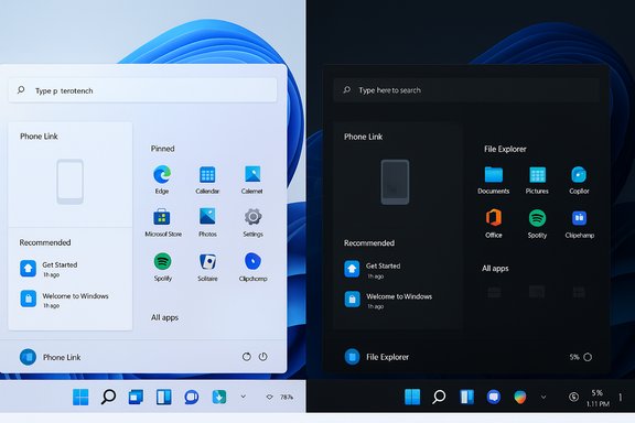 Windows 11 Start menus in light and dark themes shown side by side.