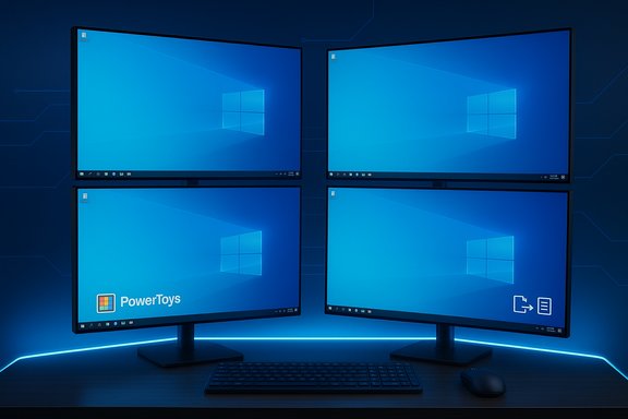 Quad-monitor Windows setup with blue wallpaper and PowerToys logo.