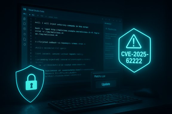 Neon-blue cybersecurity scene with code on a monitor and shield icons, highlighting CVE-2025-62222.