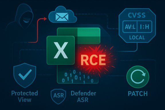 Cybersecurity illustration of an Excel RCE exploit with attacker, cloud icon, and patch defenses.